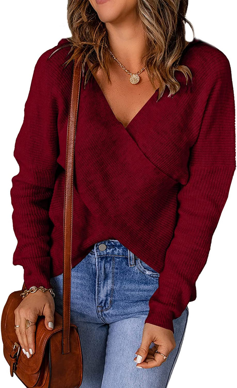 EVALESS Sexy Cross Wrap V Neck Sweaters for Women Long Sleeve Asymmetric Hem Backless Knitted Pullover Sweater Tops