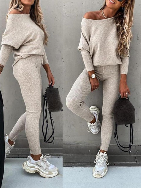High Quality Autumn Winter Knitted Trousers Suit Women O-Neck