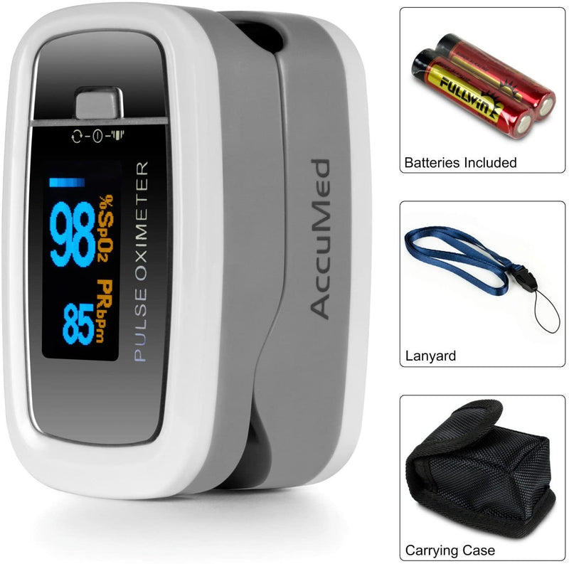 Accumed CMS-50D1 Fingertip Pulse Oximeter Blood Oxygen Sensor Spo2 for Sports and Aviation. Portable and Lightweight with LED Display, 2 AAA Batteries, Lanyard and Travel Case (White)