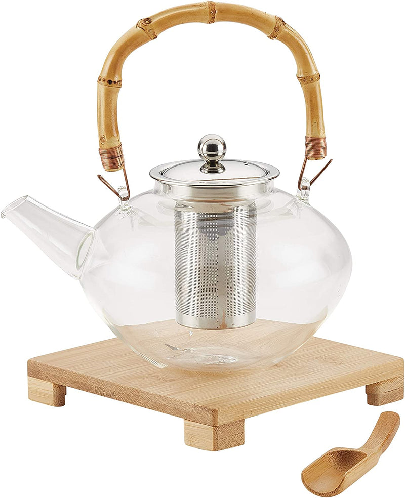 Bonjour Tea Glass Zen Teapot with Stainless Steel Infuser and Bamboo Trivet, 34 Ounce, Clear