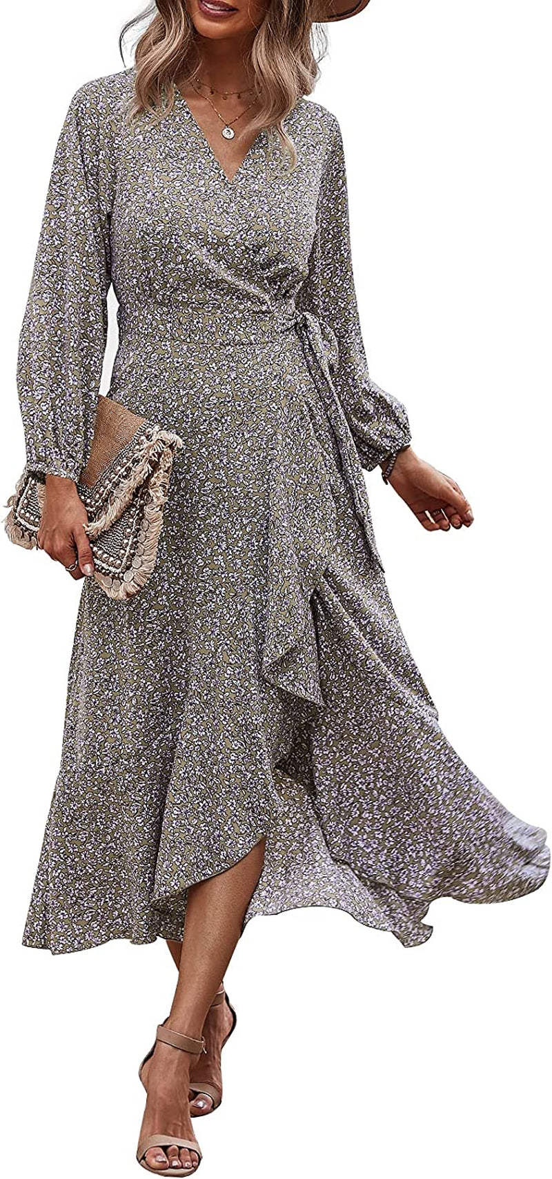 PRETTYGARDEN Women'S Long Sleeve Vintage Wrap Dress Floral Print V-Nec