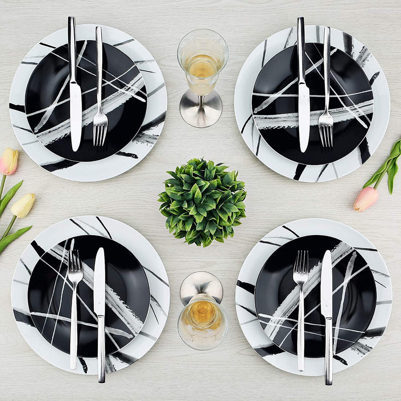 ZYAN 16 Piece round Dinnerware Sets, Black and White Metro Stoneware Dish Sets, Dishwasher Safe Plates and Bowls Sets for 4