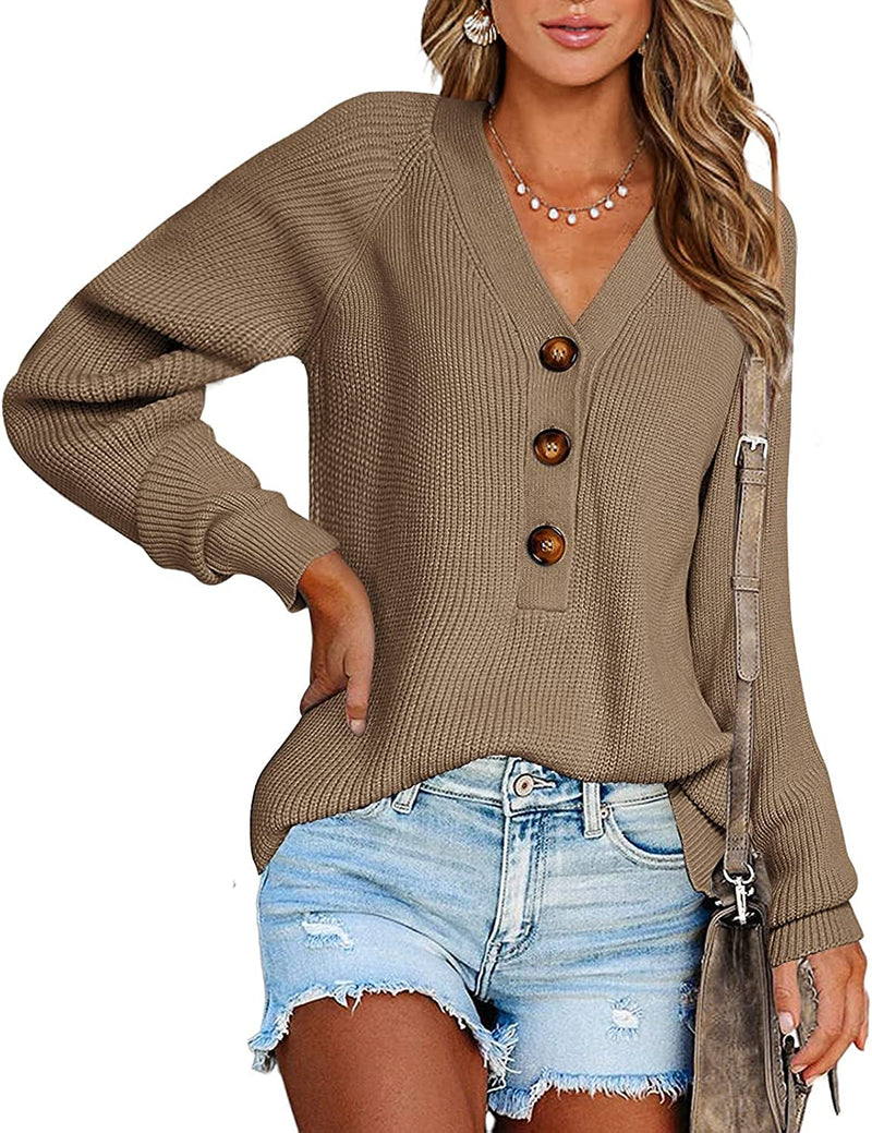 BTFBM Women Long Sleeve V Neck Button down Sweater Solid Color Ribbed Knit Sweater Casual Relaxed Fit Pullover Jumper