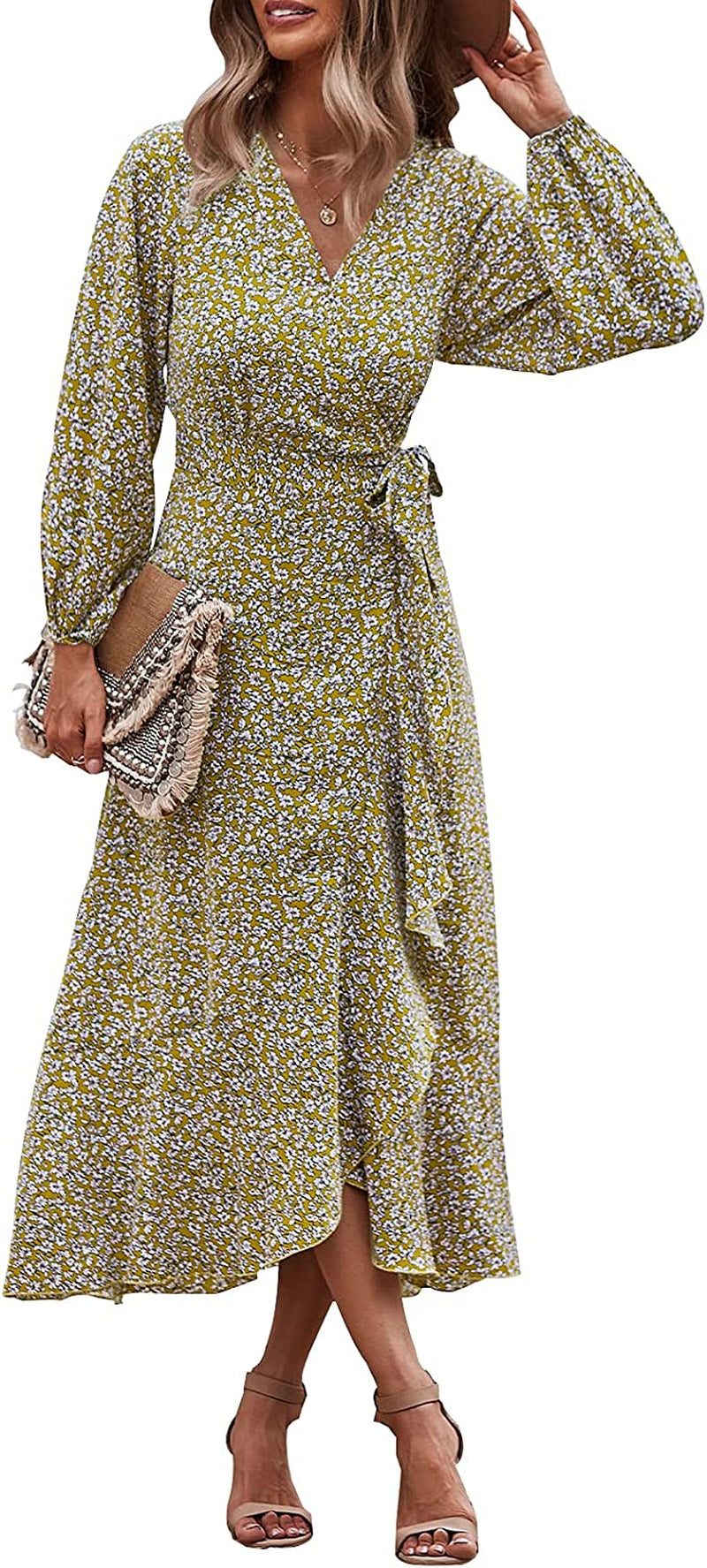 PRETTYGARDEN Women'S Long Sleeve Vintage Wrap Dress Floral Print V-Neck Maxi Dresses with Belt