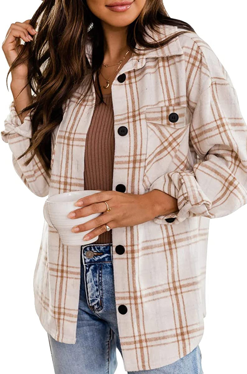 Womens Casual Plaid Shacket Wool Blend Button down Long Sleeve Shirt Fall Jacket Shackets