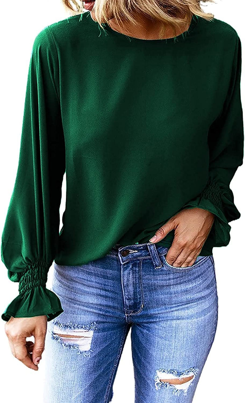 Going Out Tops Women'S Long Ruffle Bubble Sleeve Crew Neck Casual Basic Tops