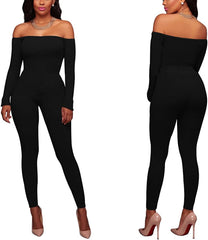 OLUOLIN Womens Sexy off Shoulder Tights Leggings Jumpsuits - Bodycon Long Sleeve Skinny Long Pants Rompers Clubwear