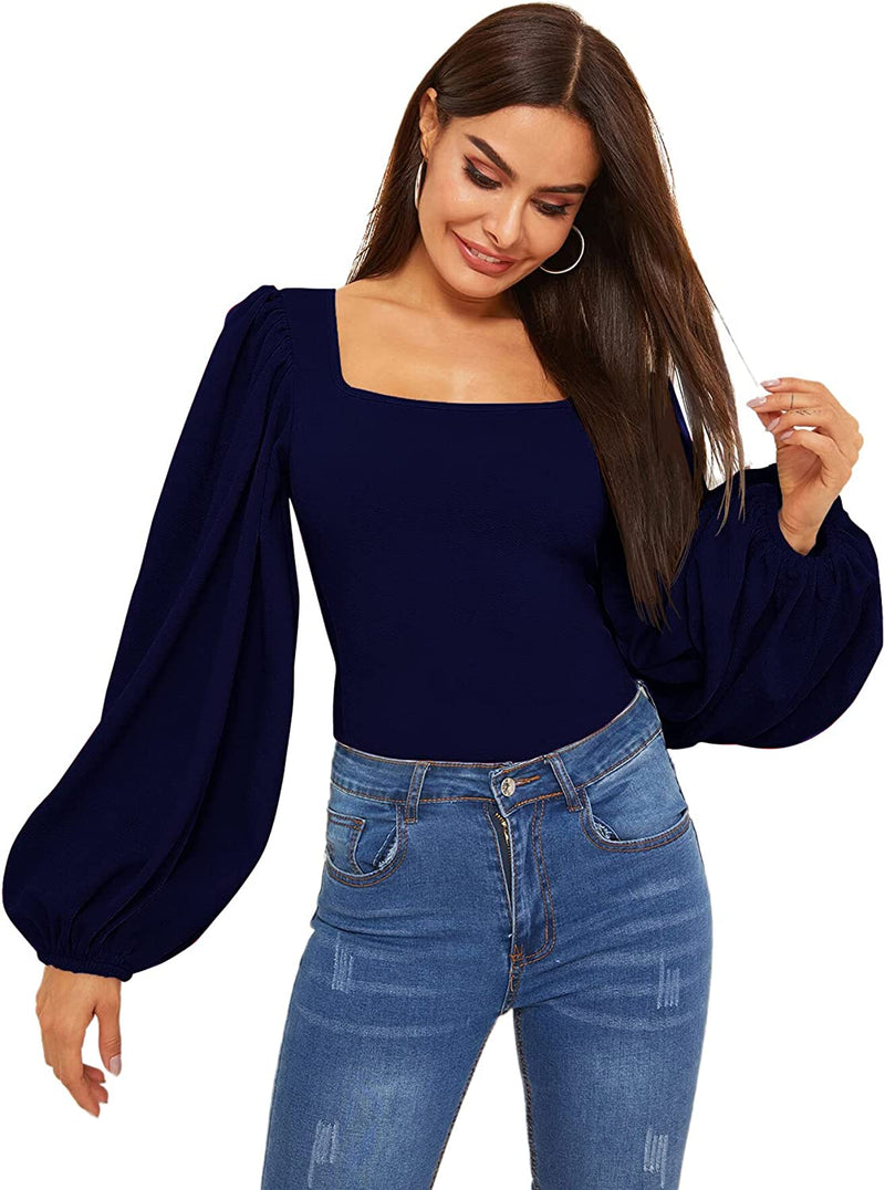 Romwe Women'S Long Puff Sleeve Square Neck Slim Fit Crop Tops Blouse Sweatshirt